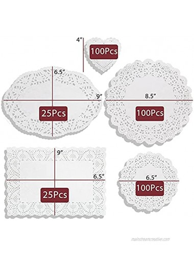 DailyTreasures 350Pcs Lace Doilies Paper-Assorted Size Decorative Doilies Placemat- Eco-Friendly for Cake Desert Wedding Tableware DecorationRound Rectangle Heart Oval-8.5,6.5
