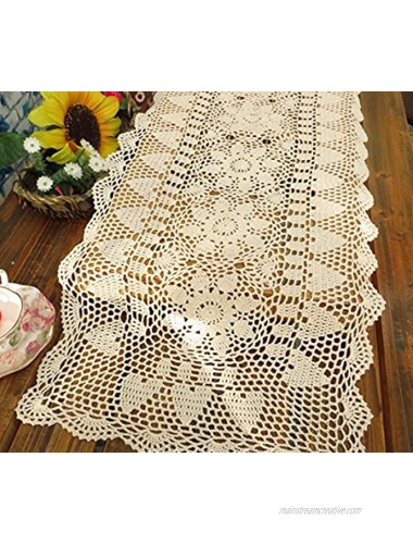 gracebuy 16X63 Inch Beige Rectangle Handmade Crochet Lace Tablecloth Runner Doily