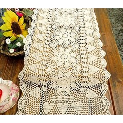 gracebuy 16X63 Inch Beige Rectangle Handmade Crochet Lace Tablecloth Runner Doily
