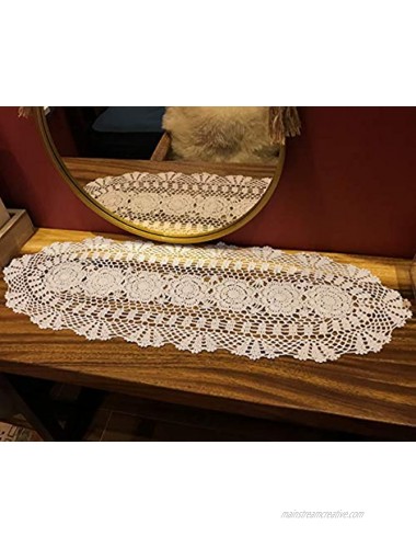 Janef White Handmade Crochet Cotton Table Runner Lace Doilies Doily Oval Dresser Scarves,11.8 by 35 Inches.