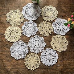 MINDPLUS Set of 12 Hand Crochet Doilies Cotton Crocheted Lace Doilies 6-8 Inches Round White Beige