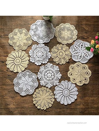 MINDPLUS Set of 12 Hand Crochet Doilies Cotton Crocheted Lace Doilies 6-8 Inches Round White Beige