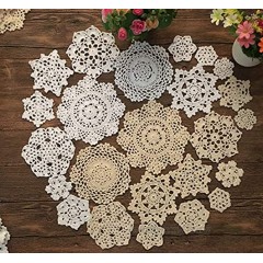 MINDPLUS Set of 24 Hand Crochet Doilies Cotton Crocheted Lace Doilies 2-7 Inches Snowflake Style White Beige Vintage White&Beige