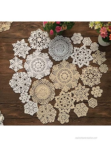MINDPLUS Set of 24 Hand Crochet Doilies Cotton Crocheted Lace Doilies 2-7 Inches Snowflake Style White Beige Vintage White&Beige
