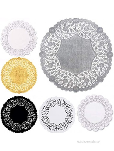 The Baker Celebrations Combo Pack 10-inch Doilies White Black Paper Lace and Metallic Silver Gold Foil- Assorted Styles and Colors 30