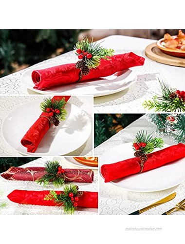 12 Pieces Christmas Napkin Rings Napkin Holder with Pine Cone Pine Needle Red Berries Live-like Handmade Napkin Ring Holder Xmas Serviette Buckle Holder for Christmas Wedding Party Banquet Table Decor