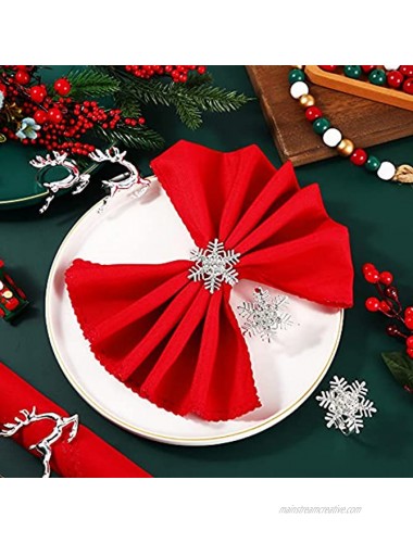 12 Pieces Christmas Napkin Rings Set Include 6 Piece Silver Elk Napkin Rings Snowflake Napkin Rings Dinning Table Setting Decors with 6 Piece Solid Color Dinner Napkins for Casual or Formal Occasions