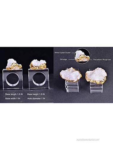 AMOYSTONE Square White Quartz Serviette Rings Set of 4 Crystal Cluster Napkin Holder Decorative Irregular with Golden Edges 2.5