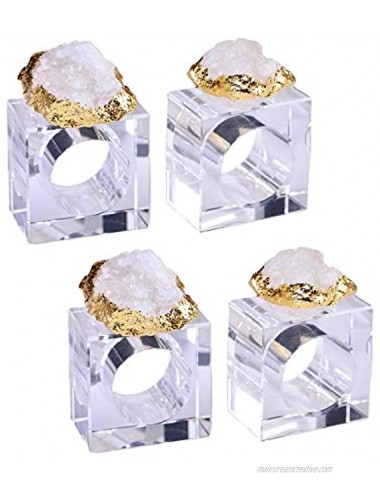 AMOYSTONE Square White Quartz Serviette Rings Set of 4 Crystal Cluster Napkin Holder Decorative Irregular with Golden Edges 2.5