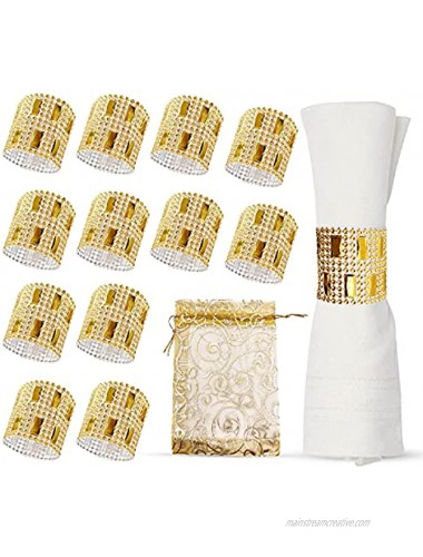 AURA Concepts Gold Napkin Rings Rhinestone Napkin Rings Set of 12 Bonus Organza Bag to Keep Napkin Bands for Weddings Birthdays Thanksgiving and Special Occasions