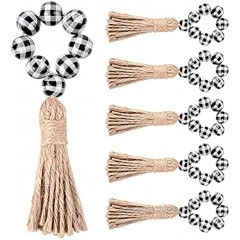 Fall Buffalo Plaid Wood Bead Napkin Rings with Tassels Halloween Wooden Bead Napkin Ring Holders Garland Thanksgiving Farmhouse Beaded Napkin Buckle for Christmas Table Black and White,6 Pieces