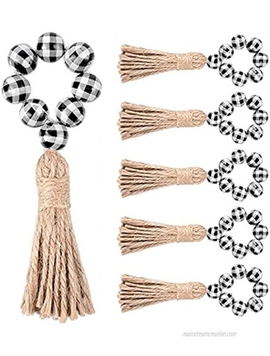 Fall Buffalo Plaid Wood Bead Napkin Rings with Tassels Halloween Wooden Bead Napkin Ring Holders Garland Thanksgiving Farmhouse Beaded Napkin Buckle for Christmas Table Black and White,6 Pieces