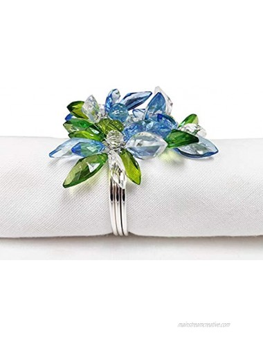 Fennco Styles Unique Multi-Flower Crystal Design Decorative Napkin Rings Set of 4 – Floral Napkin Holders for Home Dining Table Holiday Décor and Special Occasions Blue Multi