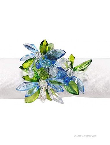 Fennco Styles Unique Multi-Flower Crystal Design Decorative Napkin Rings Set of 4 – Floral Napkin Holders for Home Dining Table Holiday Décor and Special Occasions Blue Multi