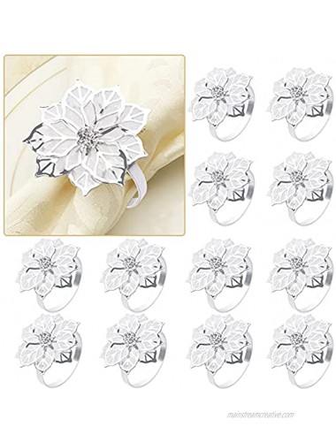 FRAMICS Napkin Rings Set of 12 Silver Flower Napkin Rings Holder with Hollow Out for Wedding Party Holiday Banquet Christmas Thanksgiving Delicate Serviette Buckles Decor Silver