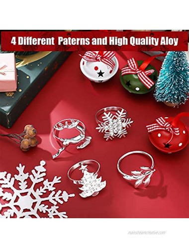 Geiserailie 16 Pieces Silver Christmas Napkin Rings Snowflake Napkin Rings Decor Christmas Deer Napkin Holders Christmas Tree and Leaves Table Rings Decor for Xmas Family Gathering Party