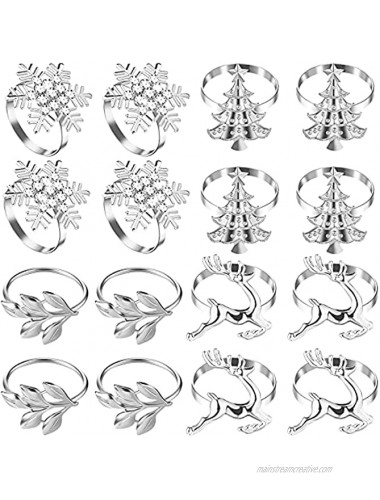 Geiserailie 16 Pieces Silver Christmas Napkin Rings Snowflake Napkin Rings Decor Christmas Deer Napkin Holders Christmas Tree and Leaves Table Rings Decor for Xmas Family Gathering Party