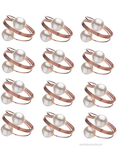 HAN SHENG 12 Pcs Pearl Napkin Ring Holders Table Napkin Holders Buckles for Wedding Banquet Birthday Party Dinner Table Decorations Rose Gold
