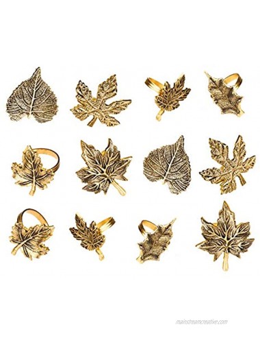Harvest Fall Leaf Napkin Rings Assorted Set of 12 for Christmas Dinner Parties Weddings Thanksgiving or Everyday Use Set Your Style with Daily Use Table Decor Accessories Antique Gold