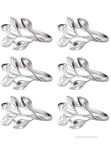 Kalopro Leaf Napkin Rings Set of 6,Silver Napkin Rings Holders,Cloth Napkin Holders Set,Serviette Buckles for Christmas Thanksgiving Wedding Dinner Holiday Parties Family Gatherings Leaves-Silver