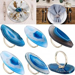Mornajina Natural Agate Napkin Rings Set of 6 Gold Napkin Ring Holders for Christmas Thanksgiving Parties Wedding Adornment Dinner Table Decoration Blue
