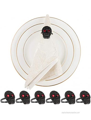 Set of 6 Halloween Napkin Rings- Black Napkin Holder Rings Buckles Designed with Skulls Red Heart Eyes for Halloween Holiday Party Dinner Wedding Banquet Dinning Table Settings Decoration Present