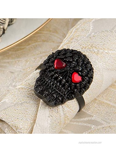 Set of 6 Halloween Napkin Rings- Black Napkin Holder Rings Buckles Designed with Skulls Red Heart Eyes for Halloween Holiday Party Dinner Wedding Banquet Dinning Table Settings Decoration Present