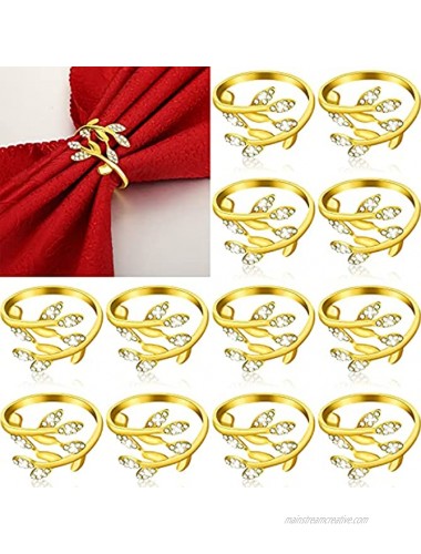 Thanksgiving 12 Pieces Leaf Napkin Ring Holder Leaves Napkin Buckle Fall Napkin Ring Metal Rhinestone Napkin Rings Serviette Buckle for Thanksgiving Christmas Wedding Dinner Holiday Decor Gold
