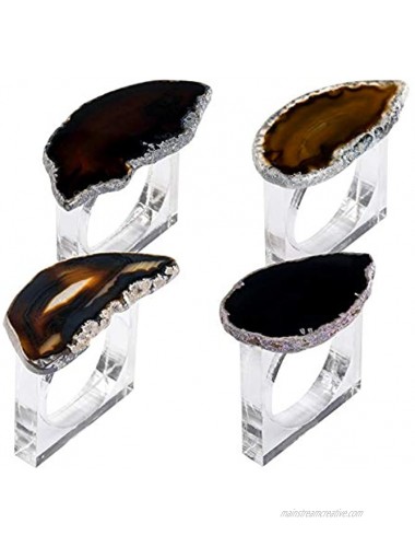 WarmHut Set of 4 Agate Napkin Rings Natural Aagte Slice with Acrylic Square Clear Napkin Holder Rings for Holiday Christmas Thanksgiving Parties Dinner Table Decoration Black