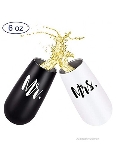 2 Pack Stemless Double Insulated Champagne Flute Tumbler with Lid Mr. and Mrs. Wine Gifts for Wedding Engagement 6 Oz Unbreakable Reusable Cocktail Champagne Toasting Glasses Black and white