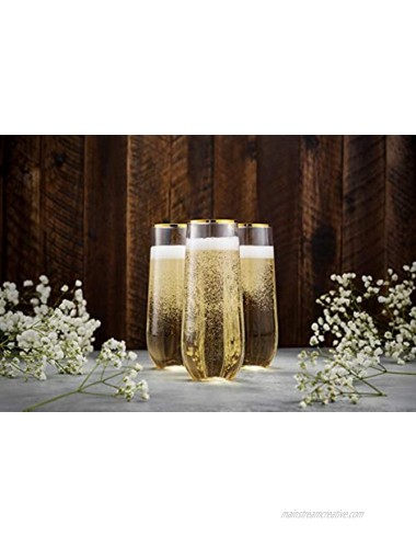 48 Pack Stemless Plastic Champagne Flutes Disposable 9 Oz Gold Rim Clear Plastic Toasting Glasses Shatterproof Recyclable and BPA-Free