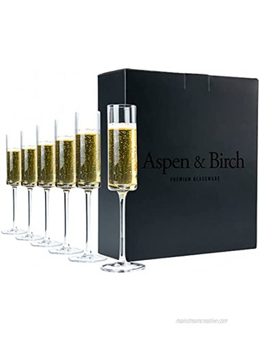 Aspen & Birch Modern Champagne Flutes Set of 6 Champagne Glasses Mimosa Glasses 100% Lead Free Crystal Stemware Clear 6 oz Hand Blown Glass Champagne Flutes Hand Crafted by Artisans