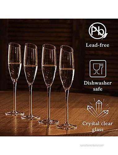 Champagne Flutes Glass set of 4 Modern Crystal Mimosa Glasses 6 Oz for Sparkling Wine Slanted Drinking Cup with Stem Gift for Wedding Anniversary Birthday Copas de Champaign