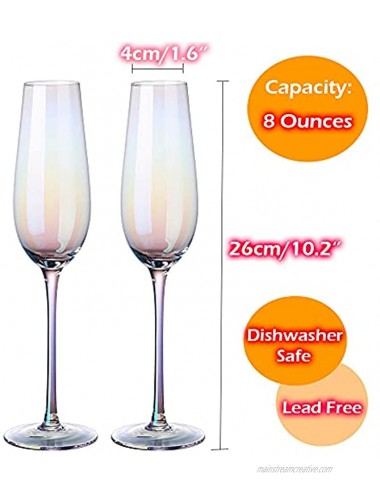 Champagne Flutes Set of 2 Crystal Iridescent Champagne Glasses 8 Ounce Hand Blown Lead-Free Long Stem Sparkling Wine Glasses Elegant Gift Box for Christmas Wedding Celebration Birthday Gifts