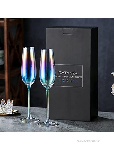 Champagne Flutes Set of 2 Crystal Iridescent Champagne Glasses 8 Ounce Hand Blown Lead-Free Long Stem Sparkling Wine Glasses Elegant Gift Box for Christmas Wedding Celebration Birthday Gifts
