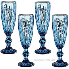 Champagne Flutes Set of 4 for Wedding Party Anniversary Christmas Birthday 5oz Vintage Pattern Embossed Champagne Glass 150ml Premium Glass Blue