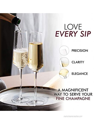 Classy Champagne Flutes Hand Blown Crystal Champagne Glasses Set of 2 Elegant Flutes 100% Lead Free Premium Crystal – Gift for Wedding Anniversary Christmas – 8oz Clear