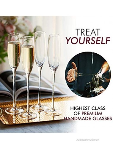 Crystal Champagne Flutes – Elegant Champagne Glasses Hand Blown – Set of 4 Modern Champagne Flutes 100% Lead Free Premium Crystal – Gift for Wedding Anniversary Christmas – 5oz Clear