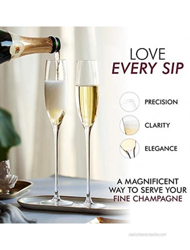Crystal Champagne Flutes – Elegant Champagne Glasses Hand Blown – Set of 4 Modern Champagne Flutes 100% Lead Free Premium Crystal – Gift for Wedding Anniversary Christmas – 5oz Clear