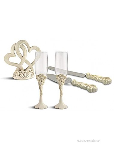 Fashioncraft Wedding Reception Cake Topper Centerpiece with Knife and Server Set and Toasting Flute Glasses Vintage Double Heart