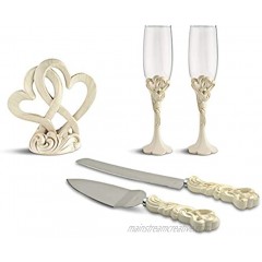 Fashioncraft Wedding Reception Cake Topper Centerpiece with Knife and Server Set and Toasting Flute Glasses Vintage Double Heart
