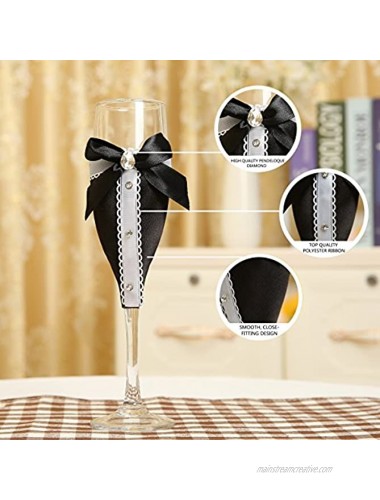 Handmade Wedding Dress Champagne Flutes Bride and Groom Champagne Glasses Bridal Shower Gifts,Wedding Gifts,Couples Gifts,Anniversary Gifts Black Bow and White Dress