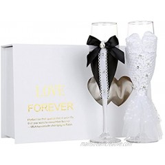Handmade Wedding Dress Champagne Flutes Bride and Groom Champagne Glasses Bridal Shower Gifts,Wedding Gifts,Couples Gifts,Anniversary Gifts Black Bow and White Dress