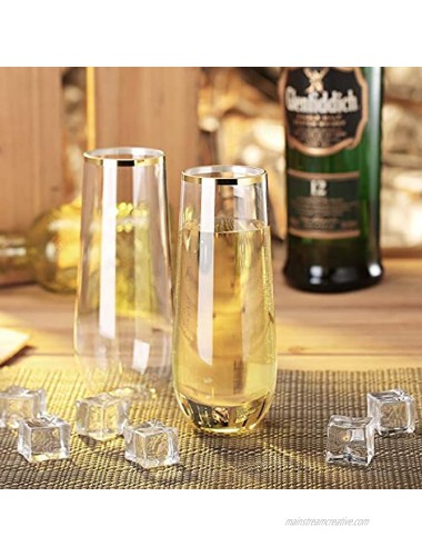 Inewex Gold Rimmed Unbreakable Plastic Champagne Flutes 9 Ounce | 100% Tritan Shatterproof Reusable Stemless Champagne Glasses | BPA-free Dishwasher Safe | for Wedding Party | Set of 8