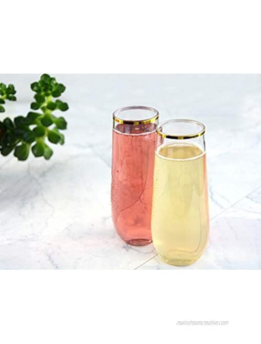 Inewex Gold Rimmed Unbreakable Plastic Champagne Flutes 9 Ounce | 100% Tritan Shatterproof Reusable Stemless Champagne Glasses | BPA-free Dishwasher Safe | for Wedding Party | Set of 8