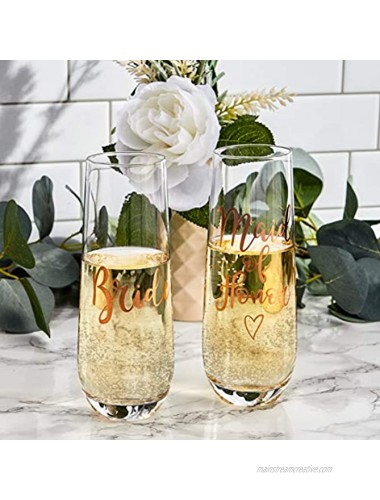 Juvale 2-Pack Rose Gold Glass Bride and Maid of Honor Stemless Champagne Wedding Flutes 9.8 Ounces
