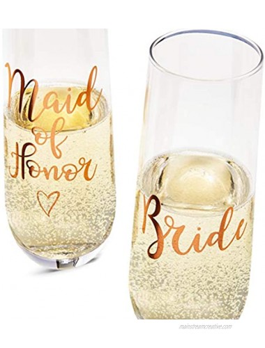 Juvale 2-Pack Rose Gold Glass Bride and Maid of Honor Stemless Champagne Wedding Flutes 9.8 Ounces