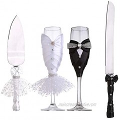 Litiny 4 Piece Wedding Reception Supplies Bride and Groom Toasting Flutes and Cake Server Sets -2 Champagne Glasses 1 Cutting Knife and 1 Pie Server Wedding Gifts Valentine Day GiftsRomantic