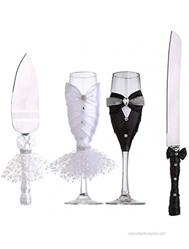 Litiny 4 Piece Wedding Reception Supplies Bride and Groom Toasting Flutes and Cake Server Sets -2 Champagne Glasses 1 Cutting Knife and 1 Pie Server Wedding Gifts Valentine Day GiftsRomantic