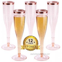 Plastic Champagne Flutes with Rose Gold Glitter and Rose Gold Rim Reusable Disposable Champagne Flutes Glasses for Wedding Party Cocktail Celebration 6.5oz 12